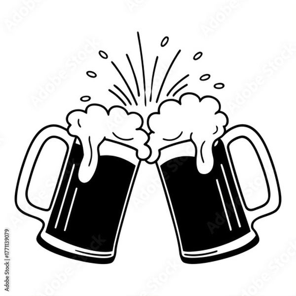 Fototapeta Two Clinking Beer Mugs Vector Illustration – Cheers Toast Symbol, Foamy Draft Beer Glasses Outline Art for Celebration and Party Design