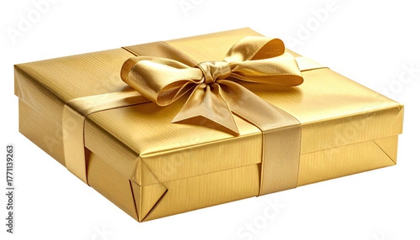 Fototapeta Gold-wrapped box, bow on top, presented on a dark backdrop