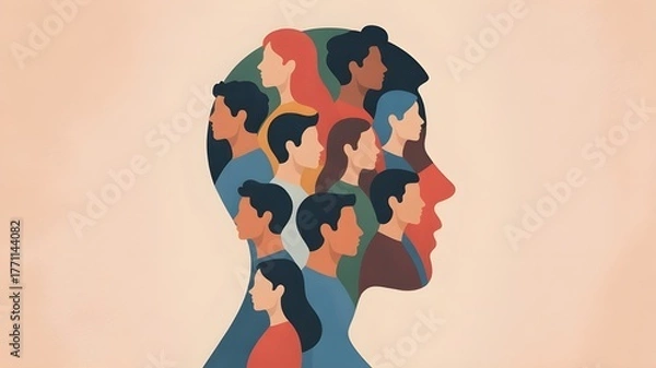 Fototapeta Woman face silhouette in profile with group of multicultural and multiethnic women faces inside.Concept of racial equality anti-racism and a woman who gives voice to other women. Allyship