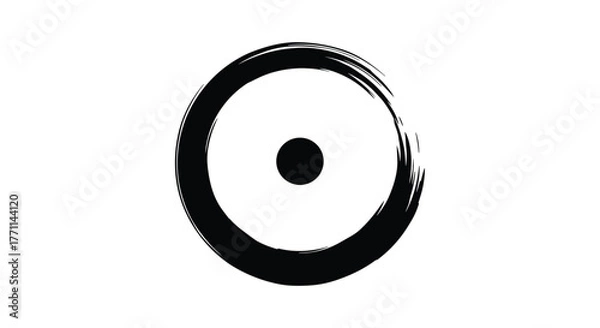 Fototapeta Artistic black brushstroke circle with a solid black dot in the center on a white background, resembling ancient symbols.
