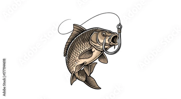 Fototapeta A stylized illustration of a common carp fish caught on a fishing hook, dynamically jumping from the water with its mouth open in a struggle.