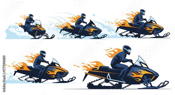 Fototapeta Dynamic illustration of snowmobilers racing at high speed across snowy terrain with fiery trails, emphasizing action and winter adventure.