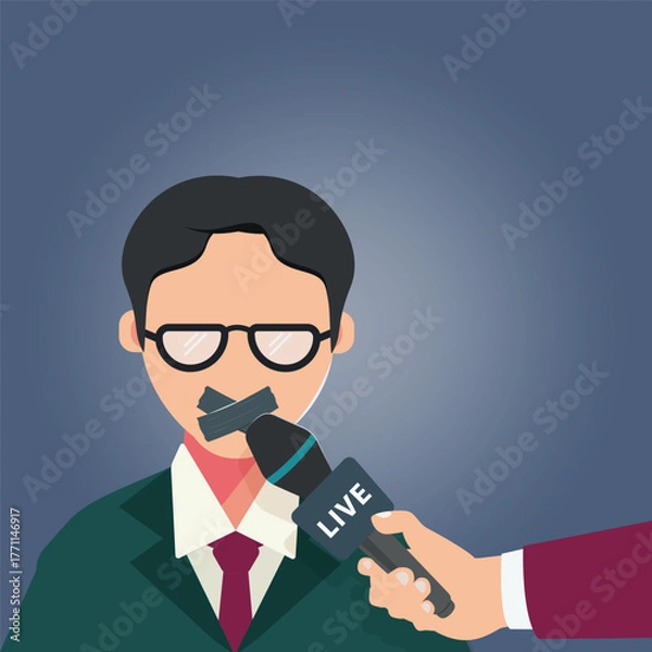 Fototapeta Man with tape over his mouth being interviewed live vector illustration
