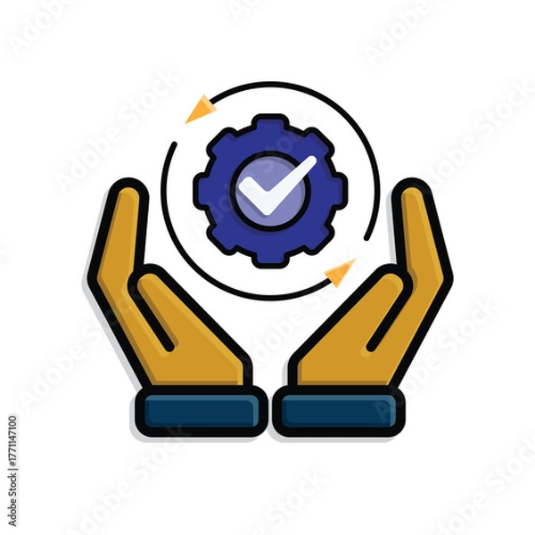 Fototapeta Automation icon. AI. Gear with a check mark and two circular arrows in two hand. automatic, manager, web. Isometric design style.