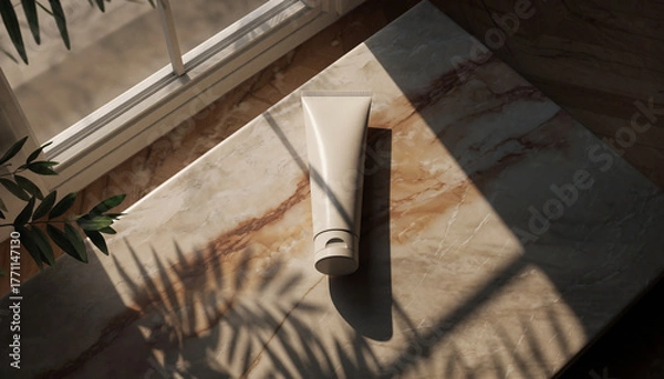 Obraz Elegant skincare cosmetic tube on marble countertop near window with natural light and palm leaf shadow, ideal for beauty product advertising, self-care, and wellness concepts.