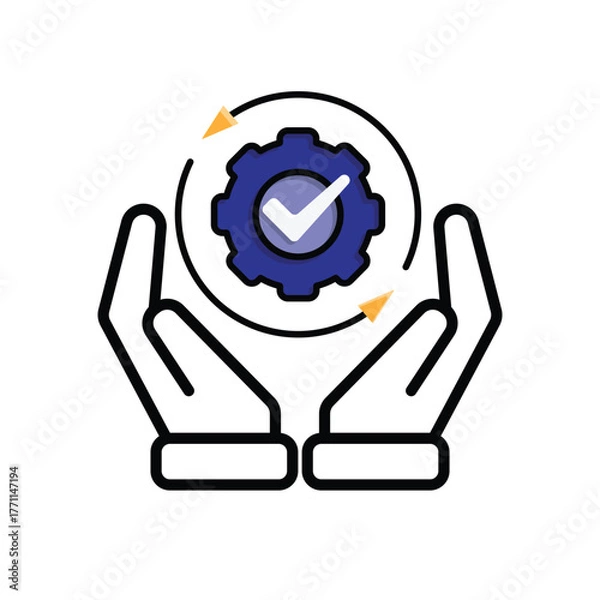 Fototapeta Automation icon. AI. Gear with a check mark and two circular arrows in two hand. automatic, manager, web. Mixed design style.