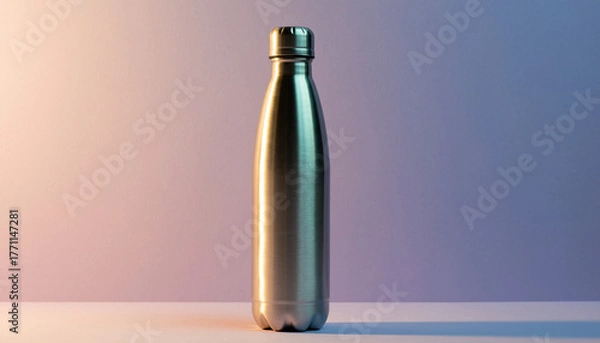 Obraz Shiny stainless steel water bottle standing on gradient pastel background, modern reusable drinkware concept for eco lifestyle, hydration, and minimal design branding mockup.