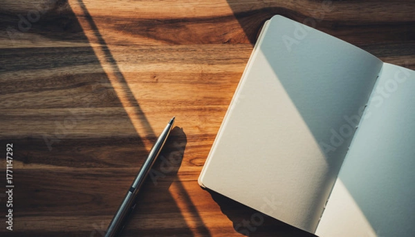Obraz Minimalist photo of an open notebook and silver pen on wooden table with warm sunlight and soft shadows, perfect for business, writing, creativity, and office inspiration themes.