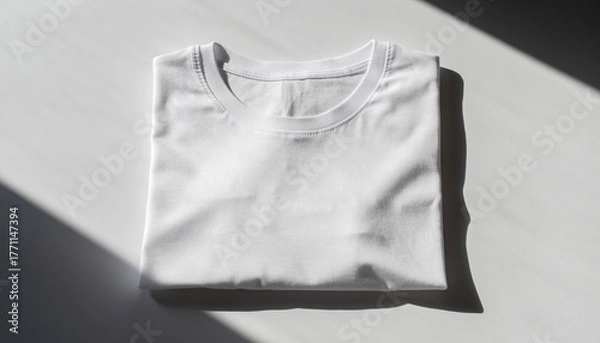 Obraz Clean minimalist photo of a folded white cotton t-shirt under natural daylight with geometric shadow, ideal for apparel mockups, fashion branding, and online store display.