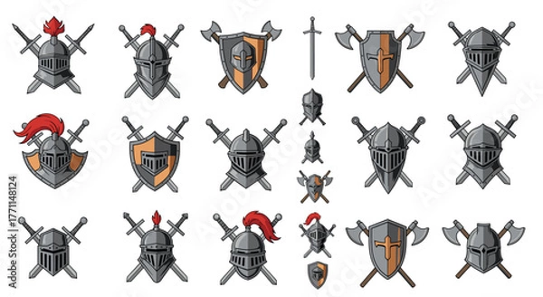 Fototapeta A collection of medieval knight helmets, crossed swords, shields, and axes, presented as emblems and symbols on a white background.