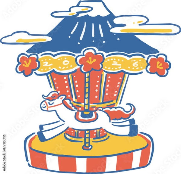 Obraz 午年　ポップな新年メリーゴーランドのイラスト