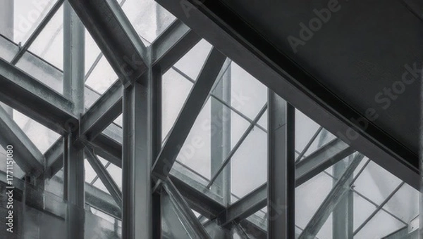 Fototapeta Metal beams and glass structure, intricate framework