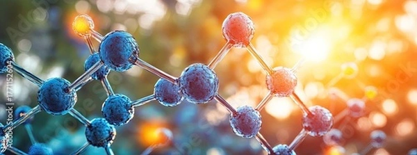 Fototapeta Molecule structure, blue orbs, bright sunshine