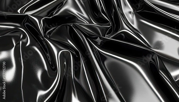 Fototapeta Shiny, black fabric folds with bright highlights and dark depths