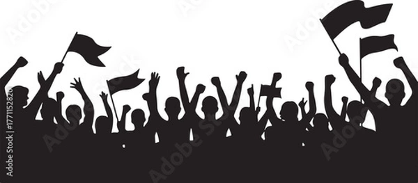 Fototapeta Silhouette crowd of people with raised arms and flags arms raised