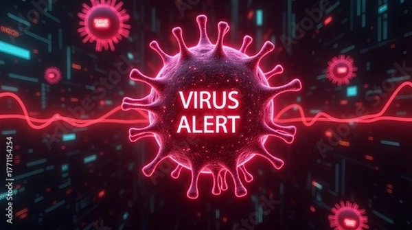Fototapeta A vibrant digital illustration of a virus with a 'VIRUS ALERT' message, set against a futuristic, tech-inspired background.