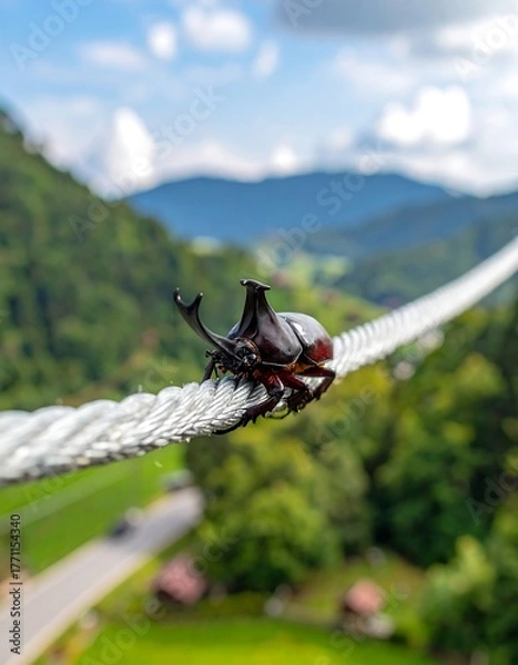 Obraz A dark beetle with impressive horns sits on a taught, white rope