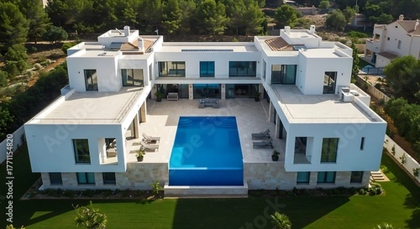Fototapeta A drone shot looking straight down on a modern Spanish villa with a central courtyard and blue-tiled pool, symmetrical architecture