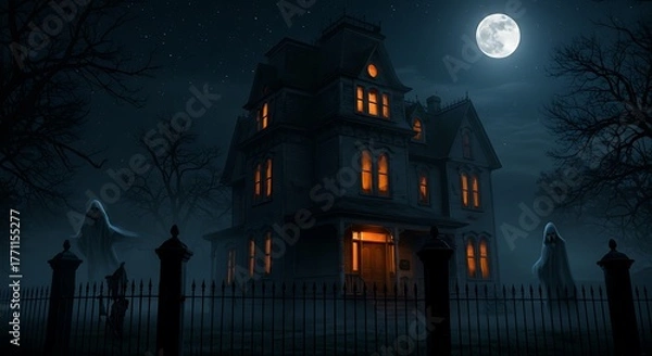 Fototapeta A haunted Queen Anne style house at midnight, crooked turrets, all windows are illuminated with a sinister orange candlelight flicker