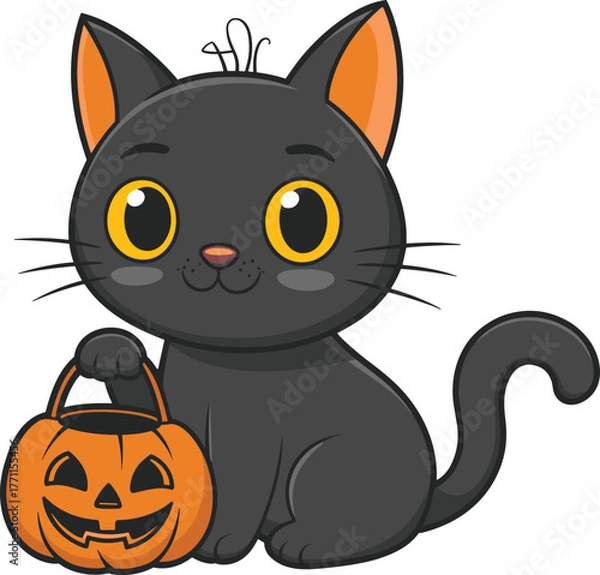 Obraz Halloween, black cat, cartoon, pumpkin bucket, jack-o'-lantern, spooky, festive, cute, yellow eyes, orange ears, celebration, holiday, trick-or-treat, feline, sitting pose, curled tail, playful, 