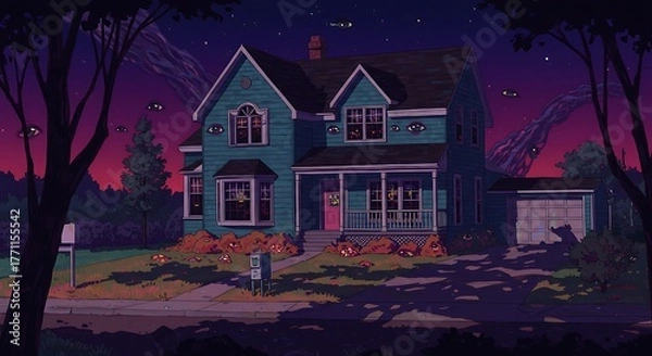 Fototapeta A house at the end of a cul-de-sac that is a portal to a nightmare dimension, the colors are inverted and hypersaturated