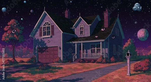 Fototapeta A house at the end of a cul-de-sac that is a portal to a nightmare dimension, the colors are inverted and hypersaturated