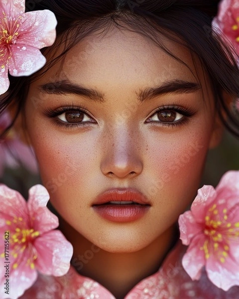 Fototapeta Close-Up Portrait of a Mongolian Person with Beautiful Flowers Surrounding the Face