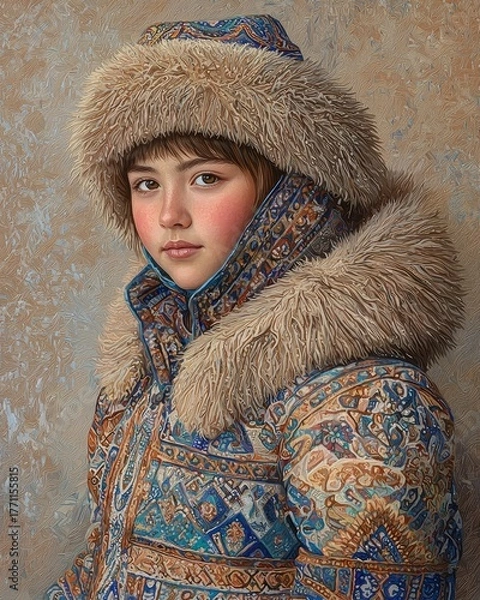 Obraz Close-Up Portrait of a Young Mongolian Person in Traditional Fur-Lined Jacket