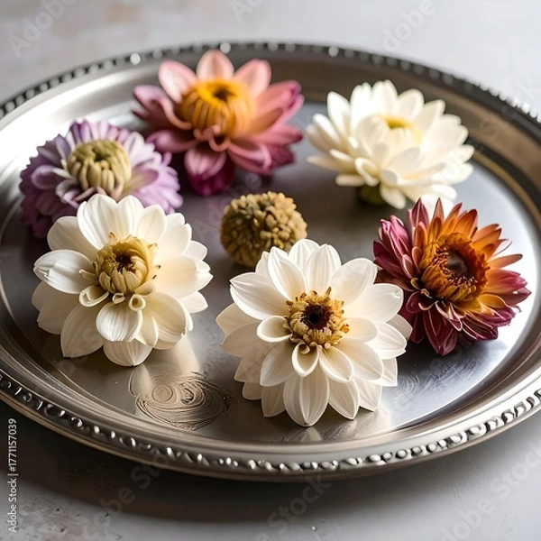 Obraz Assortment of colorful dried flowers artfully arranged on a silver platter