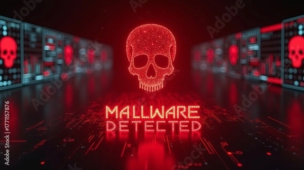 Fototapeta A digital representation featuring a glowing red skull with 'MALWARE DETECTED' text, set against a dark, futuristic background.
