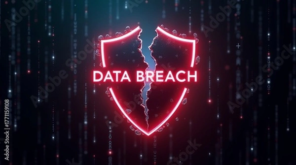 Fototapeta A digital illustration depicting a shield icon with the text 'DATA BREACH,' highlighting cybersecurity concerns and threats.