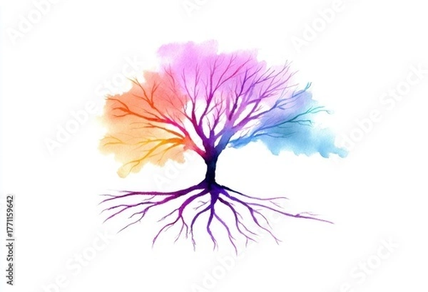 Fototapeta Colorful watercolor tree with vibrant roots and branches