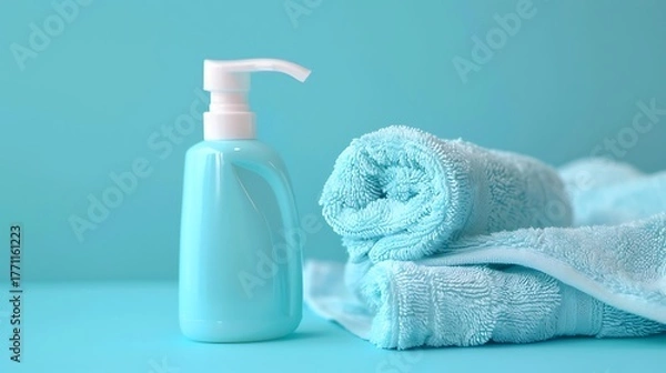 Fototapeta Still life of light blue soap dispenser bottle and rolled towels on a matching background