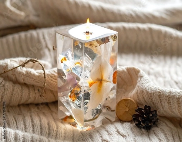 Obraz Lit, square candle with embedded flowers sits on a cozy, textured blanket