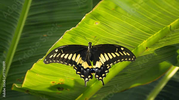 Obraz Butterfly on green leaf