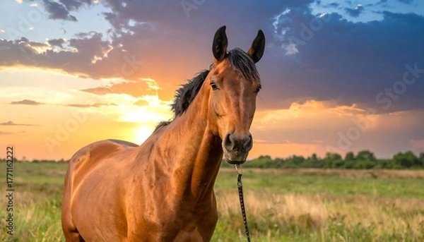 Obraz Majestic bay horse portrait standing in a vibrant sunset field scene