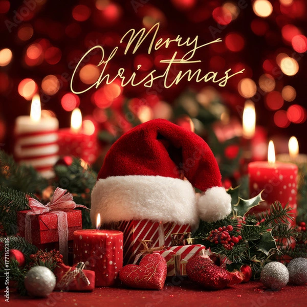 Fototapeta Merry Christmas with festive decorations and Santa hat