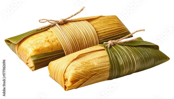 Fototapeta Two golden tamales, tied with string, on a transparent background