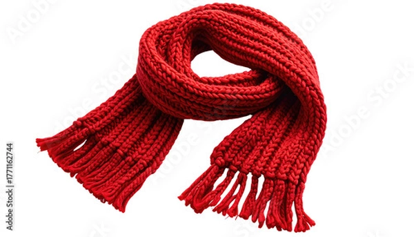 Fototapeta Crimson knitted scarf with fringe, casually draped on black