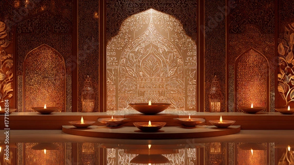 Fototapeta Elegant and serene interior with ornate carvings and glowing candles