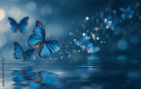Fototapeta Blue butterflies flying over a serene water surface with sparkling effects