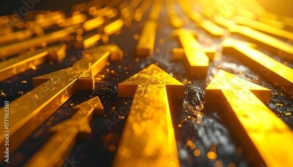 Obraz Golden upward-pointing arrows on dark textured background, perspective view