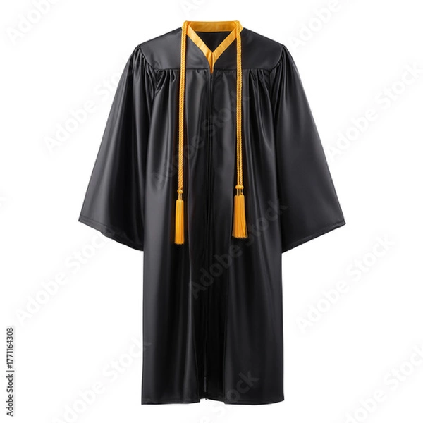 Fototapeta Traditional black graduation gown with gold and blue stole and tassel isolated on transparent background