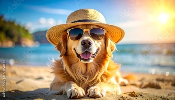 Obraz Smiling golden retriever wearing sunglasses and a straw hat at the beach