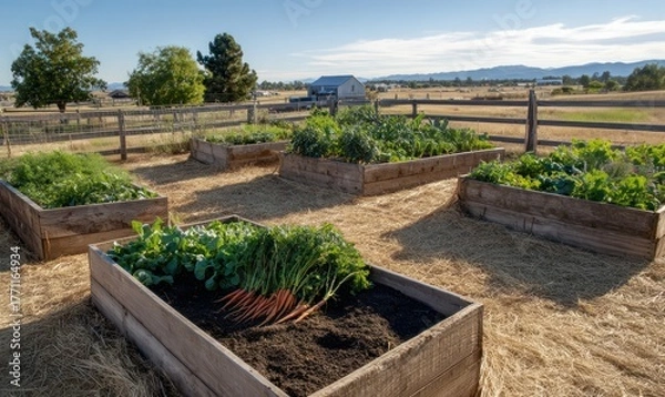 Obraz Raised beds in the farm, high beds for growing vegetables and greens, gardening and agriculture concepts, AI generated