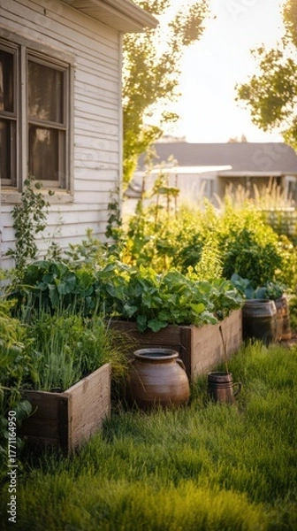 Obraz Raised beds in the farm, high beds for growing vegetables and greens, gardening and agriculture concepts, AI generated