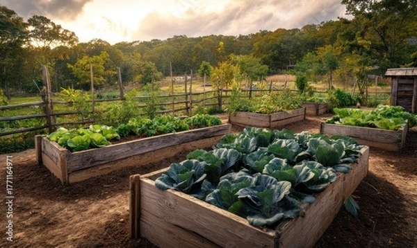 Obraz Raised beds in the farm, high beds for growing vegetables and greens, gardening and agriculture concepts, AI generated