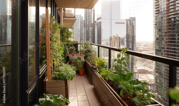 Obraz Raised beds for herbs and vegetables on the balcony of apartments, gardening in a high-rise house in the urban environment, landscaping in a metropolis, AI generated