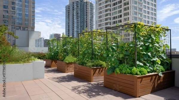Fototapeta Raised beds for herbs and vegetables on the balcony of apartments, gardening in a high-rise house in the urban environment, landscaping in a metropolis, AI generated