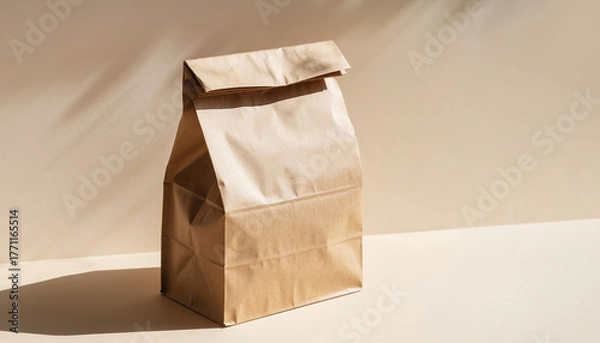 Obraz Eco-friendly brown paper bag on beige background with natural sunlight and shadow, minimalist product shot for packaging, delivery, or branding design concept.